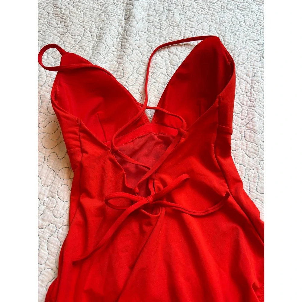 Calia One Piece Swimsuit Lace Up Back V-Neck Size 8‎ NWOT